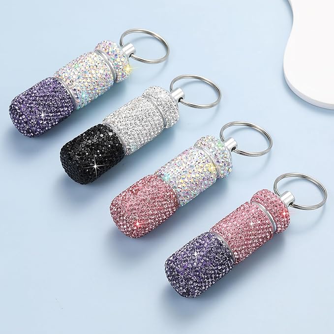 Bling Pill Case Portable Travel Pill Container Bottle Rhinestone Waterproof Small Pill Holder with Keychain Cute Mini Pill Storage Box for Outdoor Camping Case (AB-Purple)