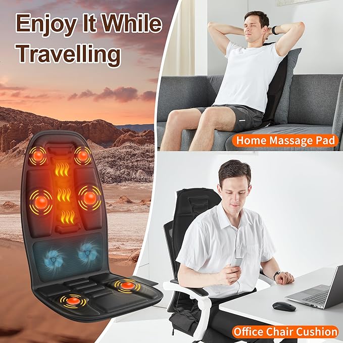 Massage Seat Cushion with Heat, Cooling Back Massager for Chair, Chair Massager for Full Body Massage, Deep Tissue Vibration Pad with 2 Adapters, Gifts for Dad Mom