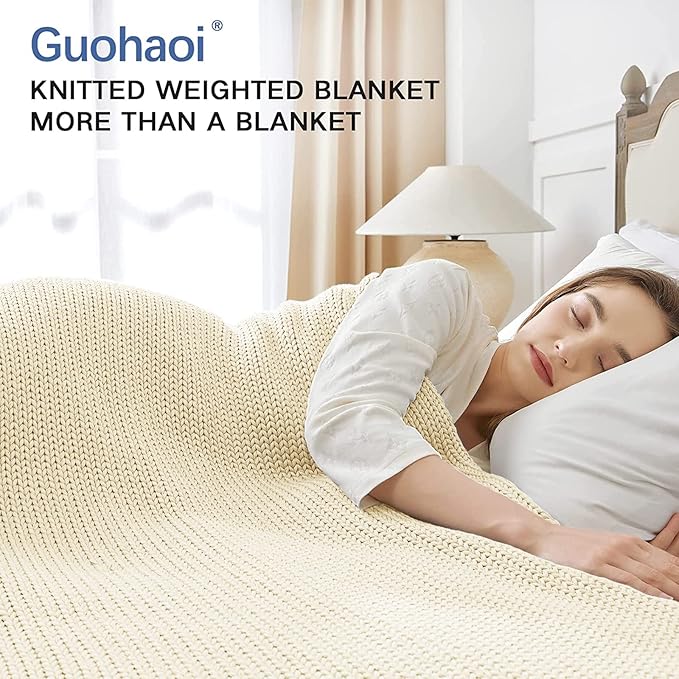 Guohaoi Knitted Weighted Blanket Kids (Cream 50"x60" 7lbs) No Beads Cooling Heavy Blanket, Home Decor Breathable Chunky Knit Throw Blanket for All-Season Use