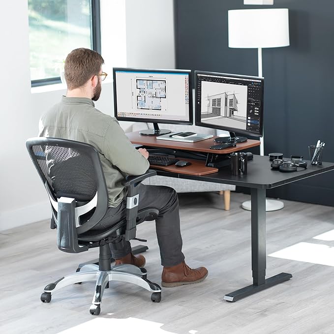 VIVO 36 inch Desk Converter, K Series, Height Adjustable Sit to Stand Riser, Dual Monitor and Laptop Workstation with Wide Keyboard Tray, Dark Walnut Top, Black Frame, DESK-V036KA