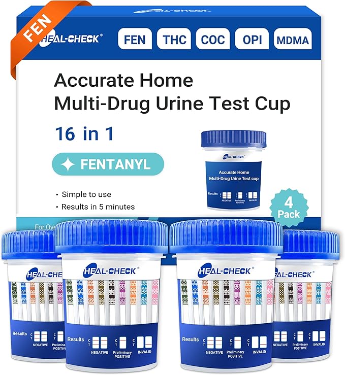 4 Pack 16 Panel Multi Drug Urine Test Kit, HEAL-CHECK Urine Drug Test Cup for Home or Workplace, Screens for Fen (Fentanyl), THC, AMP, BUP, BAR, BZO, COC, MET, MDMA, OPI, MTD, OXY, PCP, PPX, TCA, TML
