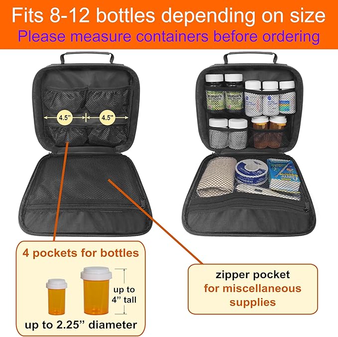 Medium Travel Pill Bottle Organizer, Slim Medicine Bag, Carrier for Medications and Medical Supplies - Black