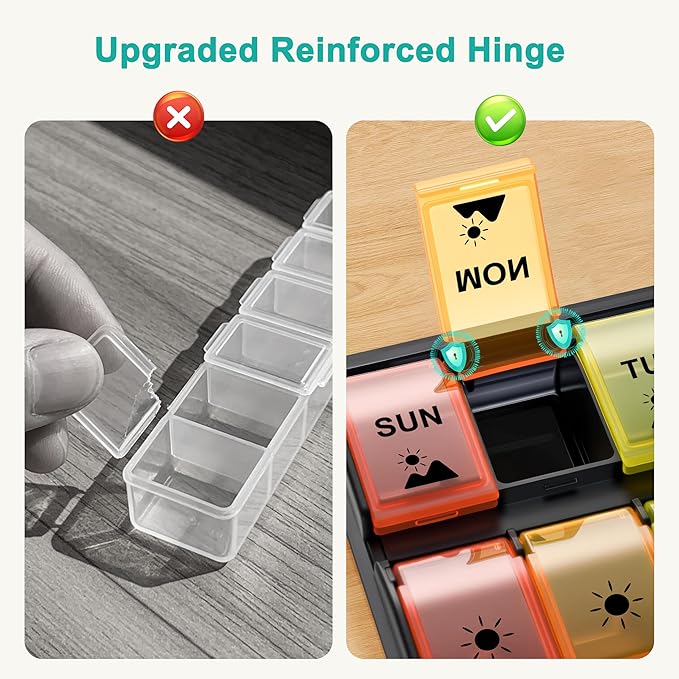 Fullicon Weekly Pill Organizer 4 Times a Day, Large Capacity Pill Case with Easy Fill, Medicine Organizer for Vitamin, Supplement & Pill, Great Gifts for Seniors (Black Rainbow) - Patent Pending