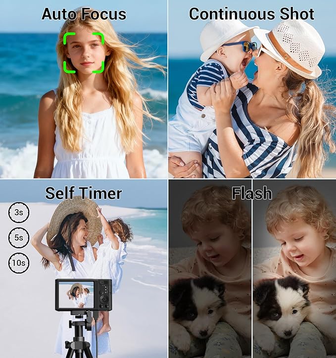 Digital Camera 4K, Autofocus Digital Compact Digital Camera,16X Digital Zoom Upgraded Travel Camera with 64GB SD Card,2 Batteries,Small Camera for Teens Kids Boys Girls,Black