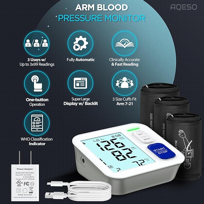 Blood Pressure Machine Upper Arm, 3 Size Cuffs Included, Small 7"-9", Medium 9"-17" and Extra Large XL Cuff 13"-21", Accurate Automatic Digital BP Monitor Home Use, Large Backlit LCD, 3 Users