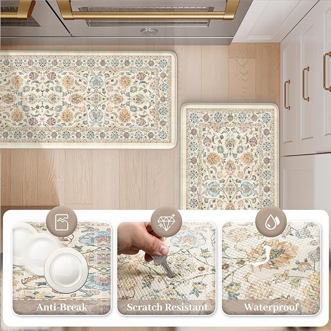KIMODE Anti Fatigue Kitchen Mats for Floor, Boho Vintage Kitchen Rugs Sets of 2, Cream Colored Cushioned Kitchen Floor Mats, Comfort Standing Mat for Sink Laundry Office Desk 17"x47"+17"x29"