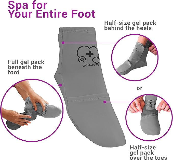 ZOMAPLE Cold Therapy Socks + Gel Packs, Grey, Medium – Soothe Burning Feet & Reduce Swelling – Hot/Cold Use, Touch Fasteners & Comes with 2 Large & 2 Small Gel Packs – Versatile Foot Ice Pack Wrap