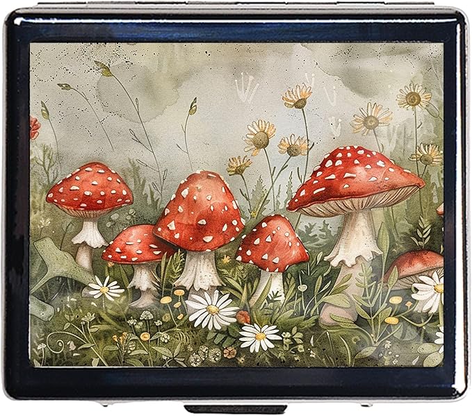 Silver Vintage Pill Box 7 Day Metal Pill Box with Mirror and 8 Compartments Cute Travel Pill Organizer for Purse,Compact Portable Pill Organizer (Sewant Mushrooms)