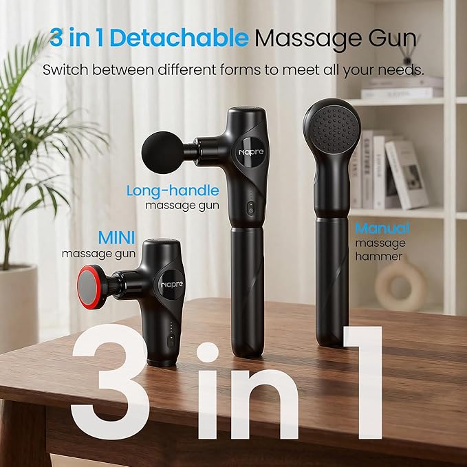 NAPRE 3-in-1 Detachable Massage Gun with Heat,Mini Massage Gun Deep Tissue with Extension Handle,Portable Handheld Percussion Muscle Massager for Back/Neck/Body,Small & Quiet,5 Heads
