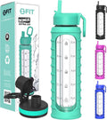 FIT Strong & Healthy 32 oz Glass Water Bottle with Straw Lid - Wide Mouth Borosilicate Glass Water Bottles with Time Marker, Silicone Sleeve & Extra Lid - 1L Large Motivational Drinking Bottle