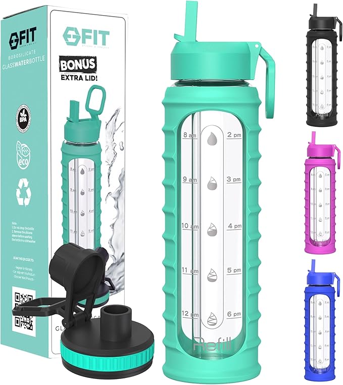 FIT Strong & Healthy 32 oz Glass Water Bottle with Straw Lid - Wide Mouth Borosilicate Glass Water Bottles with Time Marker, Silicone Sleeve & Extra Lid - 1L Large Motivational Drinking Bottle