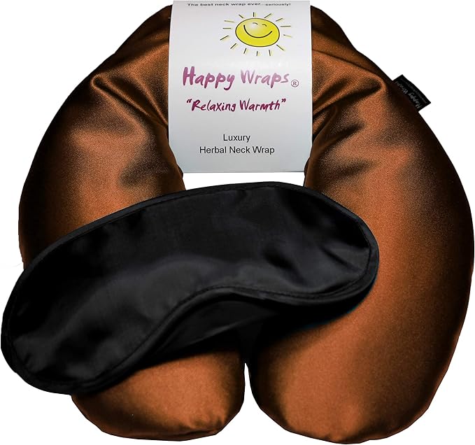 Microwavable Herbal Neck Wrap - Hot Cold Aromatherapy Neck Warming Pillow - Heating Pad for Migraines, Stress, Gifts for Women, Birthdays, Christmas and Free Sleep Mask - Copper Satin