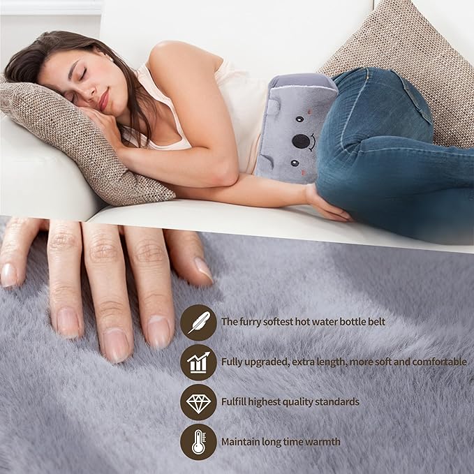 Hot Water Bag, Hot Water Bottle wtih Cover, 1L Rubber Warm Hot Water Bottles Pouch with 130cm Long Soft Waist Cover for Neck, Shoulder, Back, Hand, Legs and Period Pain Relief