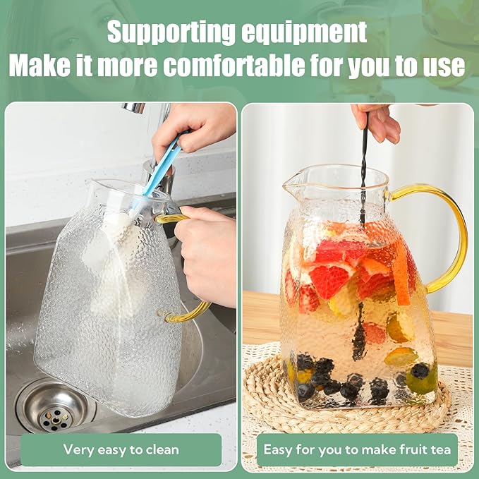 2 Pack Glass Pitcher with Lid and Handle, 1.8 Liter 60 oz Water Jugs for Fridge, Iced Tea Pitcher, Juice Carafe, Milk, Coffee, Hot/Cold Beverage Container（with Mixing Spoon and Cup Brush）