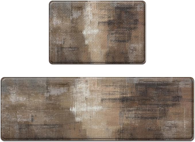 Anti-Fatigue Brown Grey Kitchen Rug Set of 2 Cushioned Abstract Rug for Floor, Art Standing Mat Waterproof Non-Slip Mat PVC Ergonomic Comfort Foam Kitchen Decor