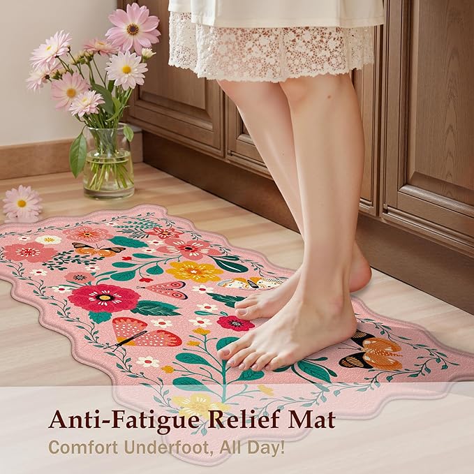 Scalloped Pink Kitchen Mats for Floor Cushioned Anti Fatigue Kitchen Mats Rugs Waterproof Non Slip Farmhouse Boho Floral Comfort Foam Standing Mat for Sink Laundry, 17.3x47