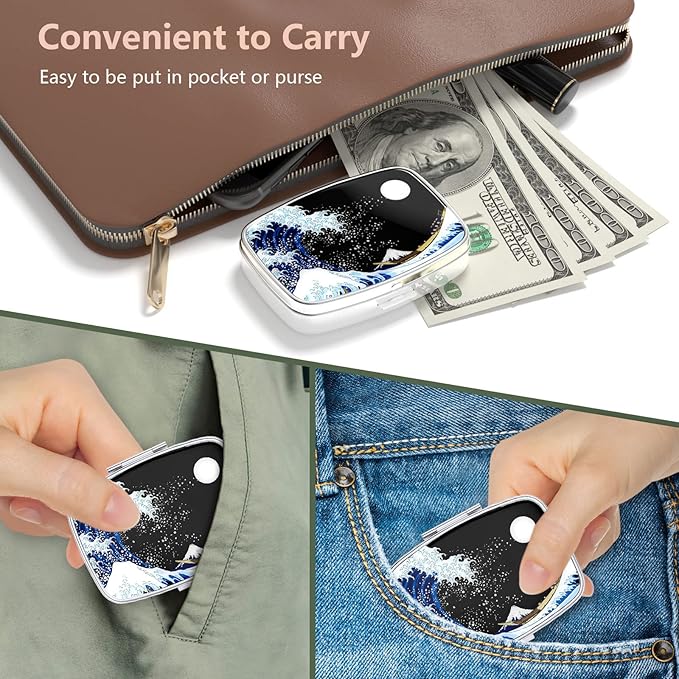 Nipichsha Pill Box, Small Pill Case for Purse & Pocket, Cute Travel Medicine Organizer, Portable Medicine Container Holder to Hold Vitamins, Medication, Fish Oil & Supplements, Japanese Wave