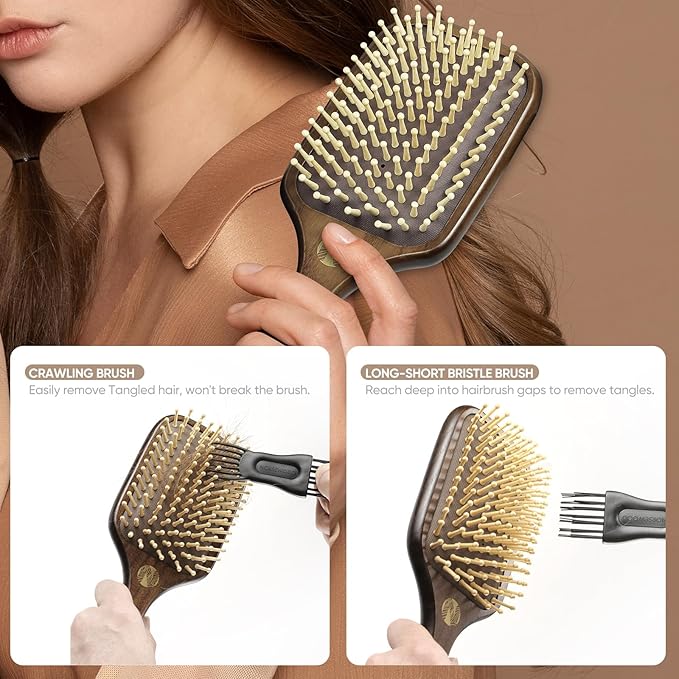 100% Natural Wood Hairbrush for Massaging Scalp,for Most Hair Types, Wooden Bristle for Reducing Damage, Scalp Massager Perfect for Women, Men & Kids