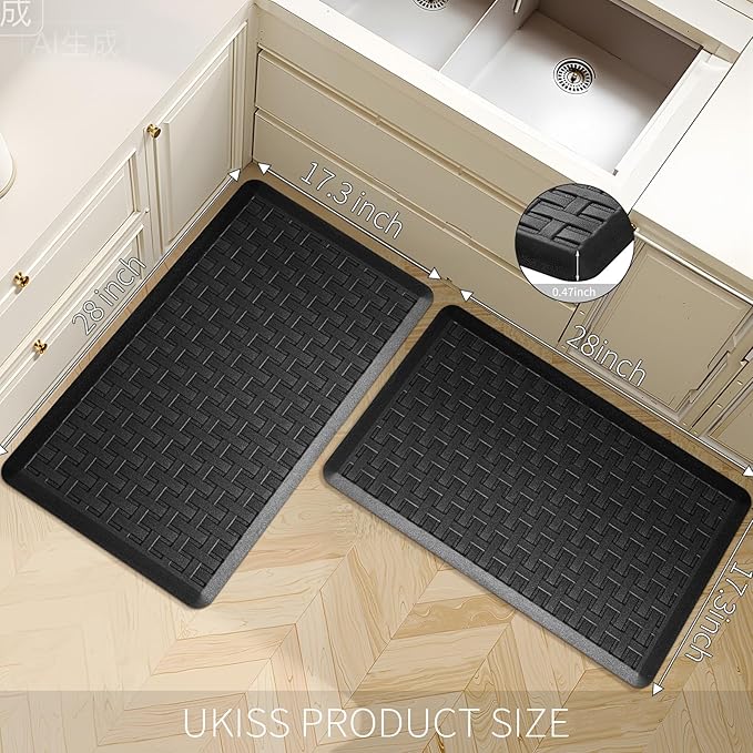2PCS UKISS Kitchen Rugs, Cushioned Anti Fatigue Kitchen Mats for Floor, Waterproof Kitchen Rug，Non-Slip Comfort Standing Mat for Kitchen (Black, 17.3"x28"+17.3"x28")