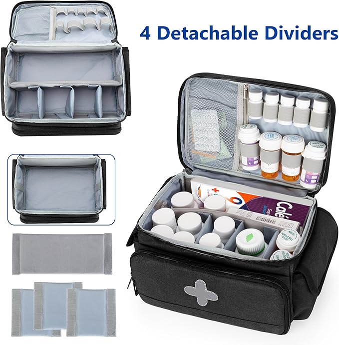CURMIO Medicine Storage Bag Empty, Lockable Pill Bottle Organizer with Portable Zippered Pouches for First Aid Kits, Medicine Box for Home and Travel, Black (Patent Pending)