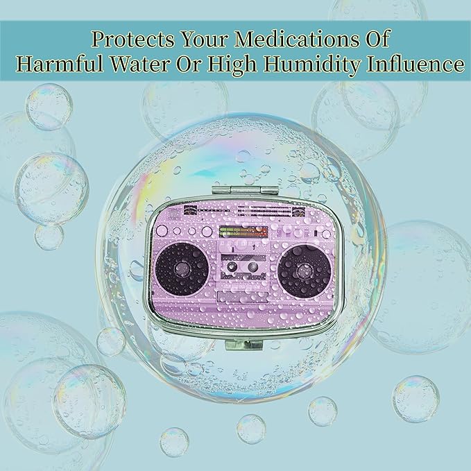 2 Compartment Pill Organizer Metal Portable Pill Box 2 Times a Day for Vitamin,Supplements 80s Retro Radio(Radio02)