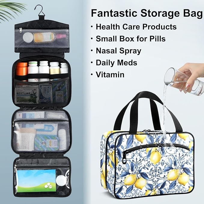 Fustylead French Country Blue Tile Yellow Lemons Travel Pill Bottle Organizer Large Home Storage Medication Bag with Zipper for Vitamins, First Aid, Fish Oil, Medical Supplies