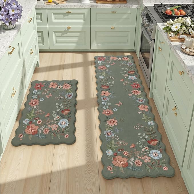 Collive Kitchen Mats for Floor 2 Piece, Green Scalloped Cushioned Anti Fatigue Padded Kitchen Floors Mat, Waterproof Kitchen Sink Rugs Floral Memory Foam Standing Rug for Office, Desk, Home Decor