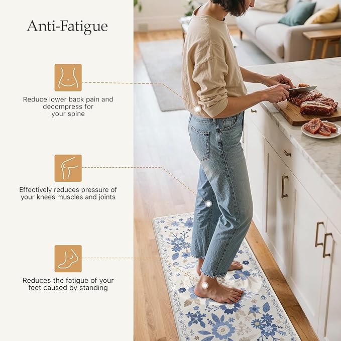 GENIMO Kitchen Mats for Floor 2PCS, Cushioned Kitchen Rugs Non Slip Washable, Farmhouse Anti Fatigue Mat Waterproof, Comfort Standing Mat Rug for Office, Home, Laundry, 17.3"x47"+17.3"x30", Beige&Blue