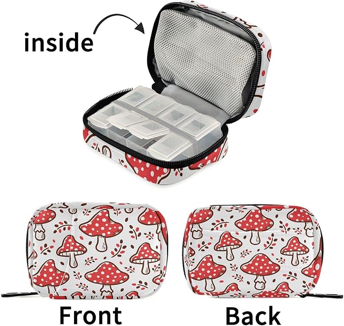 Pill Box Red Mushroom 7 Day Pill Case Travel Pill Organizer Bag with Zipper Portable Weekly Vitamin Medicine Supplement Holder Pouch Bag