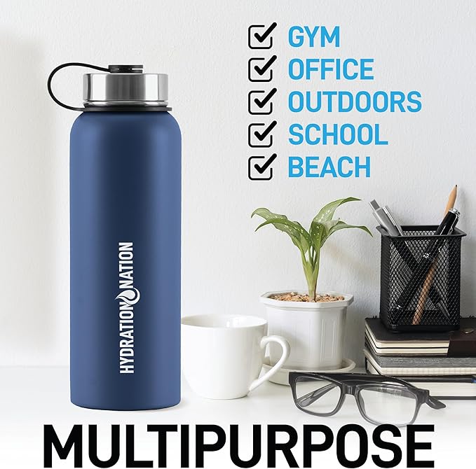 Hydration Nation 3 Lid Multi-Size Vacuum Insulated Water Bottles with Straw - Metal Water Bottle For Sports & Outdoor - Thermo Stainless Steel Water Bottle - Perfect for Hot & Cold Drinks (Blue)