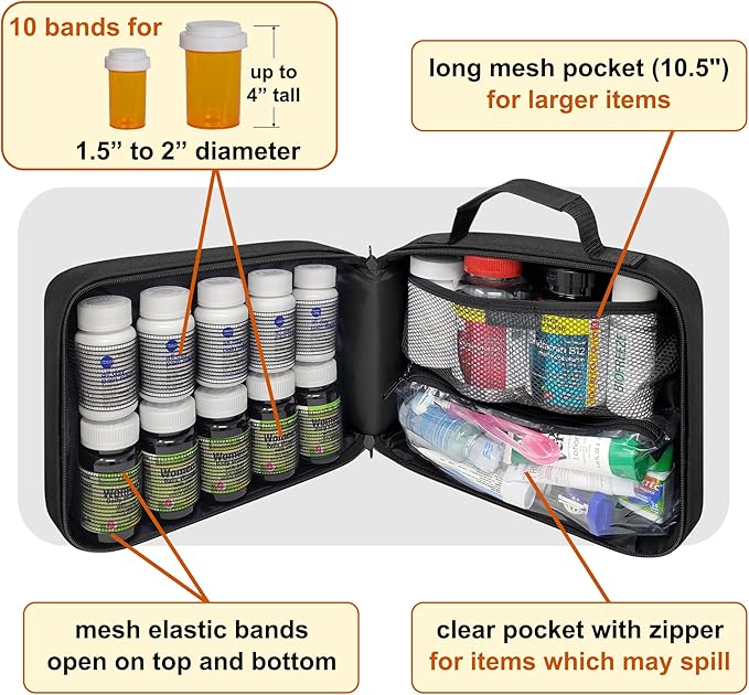 Large Pill Bottle Organizer - 10 Elastic Bands for Bottles - Medicine Bag for Travel & Home Storage - Black