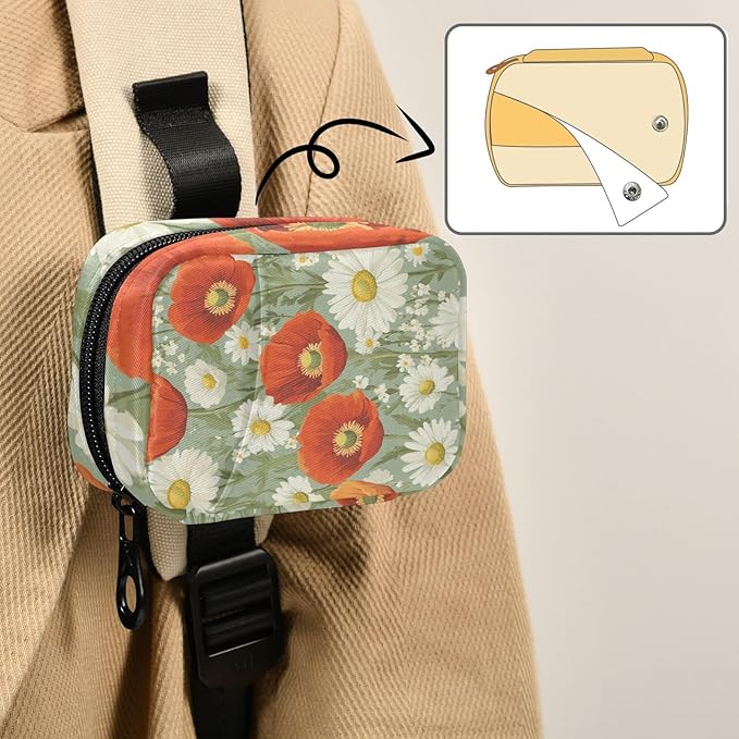 Poppy and Daisy Flowers Green Travel Pill Organizer Case Box Container Weekly Portable Vitamin Medicine Holder Storage Bag with Zipper Removable