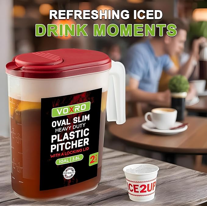 2-Pack Oval Slim Plastic Pitchers With Lids – 1 Gallon, Flip-Top Pivot Spout, Well-Gripped Handle, Water Jug, With Measuring Option, Ideal for Water, Juice & Iced Tea (Blue & Red) BPA Free