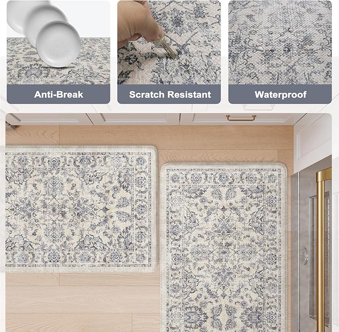 KIMODE Kitchen Anti Fatigue Mat,Ergonomic Standing Kitchen Rugs Sets of 2,Boho Kitchen Rug Stain Resistant,Non Slip Waterproof Kitchen Sink Rug,Blue 20"x47"+20"x32"