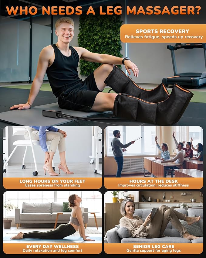 Leg Massager with Heat and Compression : Foot and Calf Massager for Circulation and Pain Relief, Sequential Compression Boots with 6 Modes, 9 Intensity, 3 Heat