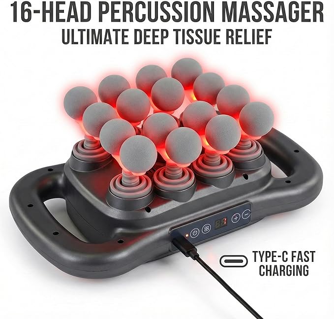 16 Head Deep Tissue Massager with Red Light Therapy, Multi Head Massage Gun, 9 Speeds & 9 Modes, Type-C Rechargeable Full Body Back Massager, Knot Buster 2.0 Muscle Massage Tool