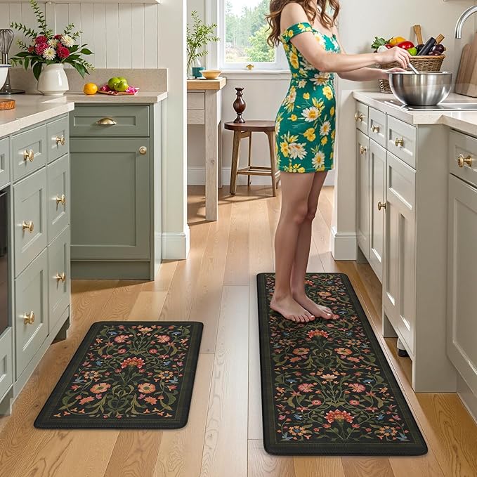 Collive Anti Fatigue Mats for Kitchen Floor, Waterproof Cushioned Kitchen Rugs Sets of 2 Non Skid Padded Sink Rugs, Vintage Floral Comfort Standing Mat for Laundry, Office, 17.3"x29"+17.3"x59", Black