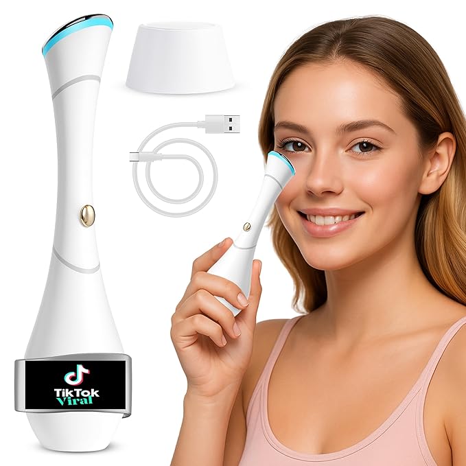 Eye Massager Wand with Heat, Vibration & Red/Blue Light, Ionic (Galvanic) Skincare Absorption, USB‑C Rechargeable with Charging Base, Helps Reduce the Look of Puffiness & Dark Circles