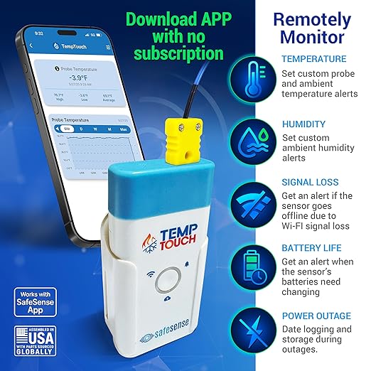 TempTouch WiFi Thermocouple Sensor – Wireless Ambient & Probe Temperature & Humidity Monitor – Works with K, J, T, E, R, S, B, N Probes - App, Email and Text Alerts, Unlimited Data Logging