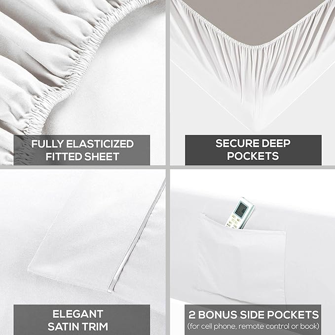 Mueller Ultratemp King Size Sheets Set, Super Soft 1800, 6 Piece, Deep Pocket up to 16" Cooling Sheets King Size, Transfers Heat, Breathes Better, Hypoallergenic, Wrinkle, White