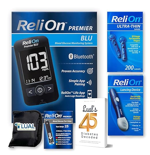Premier BLU Glucose Monitor Kit with Bluetooth. Complete Diabetes Care Bundle with Test Strips, Lancets & Lancing Device & Lual's 45 Diabetes Decoded