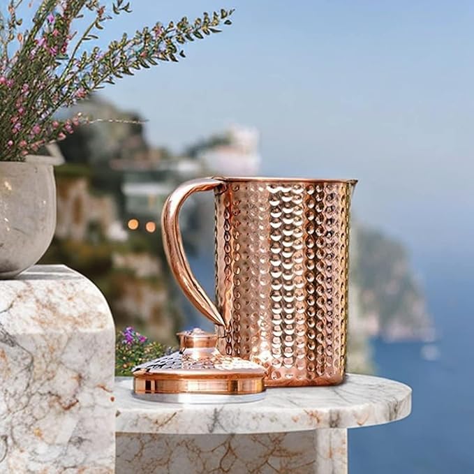100% Pure Copper Pitcher 50.72 Oz / 1500 ml | Drinking Water Traditional Hammered Pitcher With Lid | Copper Jug Handle Water Bottle | Ayurveda Health Benefits | Serving Water in Daily Use