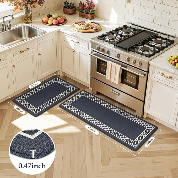 LEEVAN Kitchen Mats for Floor Set of 2,Anti Fatigue Mats for Kitchen Floor,Navy Blue Cushioned Non Slip Boho Standing Mat,Waterproof Memory Foam Comfort Kitchen Floor Mat for Sink(20"x31"+20"x47")