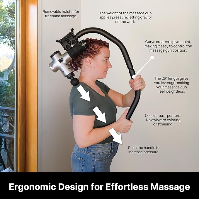 BackBadger Flex Massage Gun Holder for Hard to Reach Areas, Adjustable Ergonomic Handle, for Full-Body Muscle Pain Relief in Back, Neck, Shoulders, Legs, Feet, Compatible with Most Massage Guns