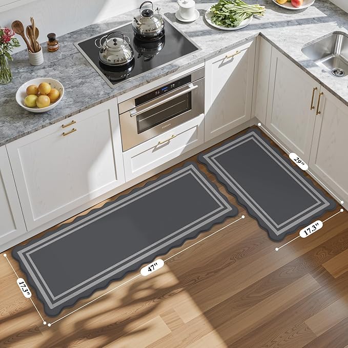 KIMODE Kitchen Mats Cushioned Anti Fatigue, Farmhouse Kitchen Rugs Sets of 2, Dark Grey Scalloped Rugs, Kitchen Floor Mat Non Slip, Comfort Standing Mat for Laundry Office Sink Desk 17"x47"+17"x29"