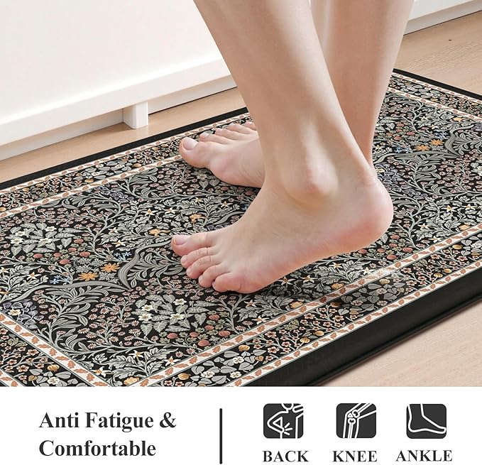 Collive Kitchen Mats for Floor, Cushioned Anti Fatigue Mat Floral Rugs 2 Piece Non Skid Waterproof Sink Rug, Memory Foam Comfort Standing Mat for Office, Laundry, Desk, Black/Mulit