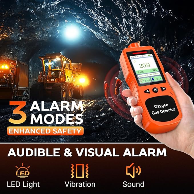 Portable Oxygen Detector, Rechargeable O2 Monitor with Sound, Light, Vibration Alarms, Oxygen Air Quality Meter Measures Temperature & Humidity for Indoor Outdoor Use