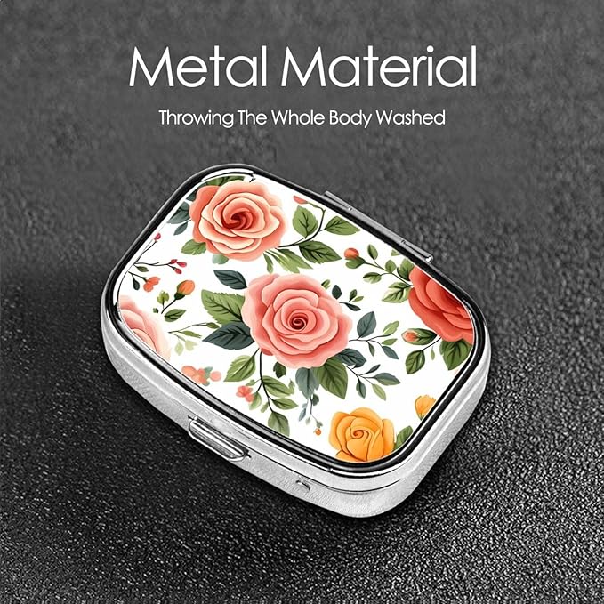 Simple Rose Pattern Pill Box with Mirror 2 Compartment Metal Square Small Pill Case for Purse Pocket Portable Pill Container Holder Travel Medicine Organizer for Vitamin Fish Oil Supplement