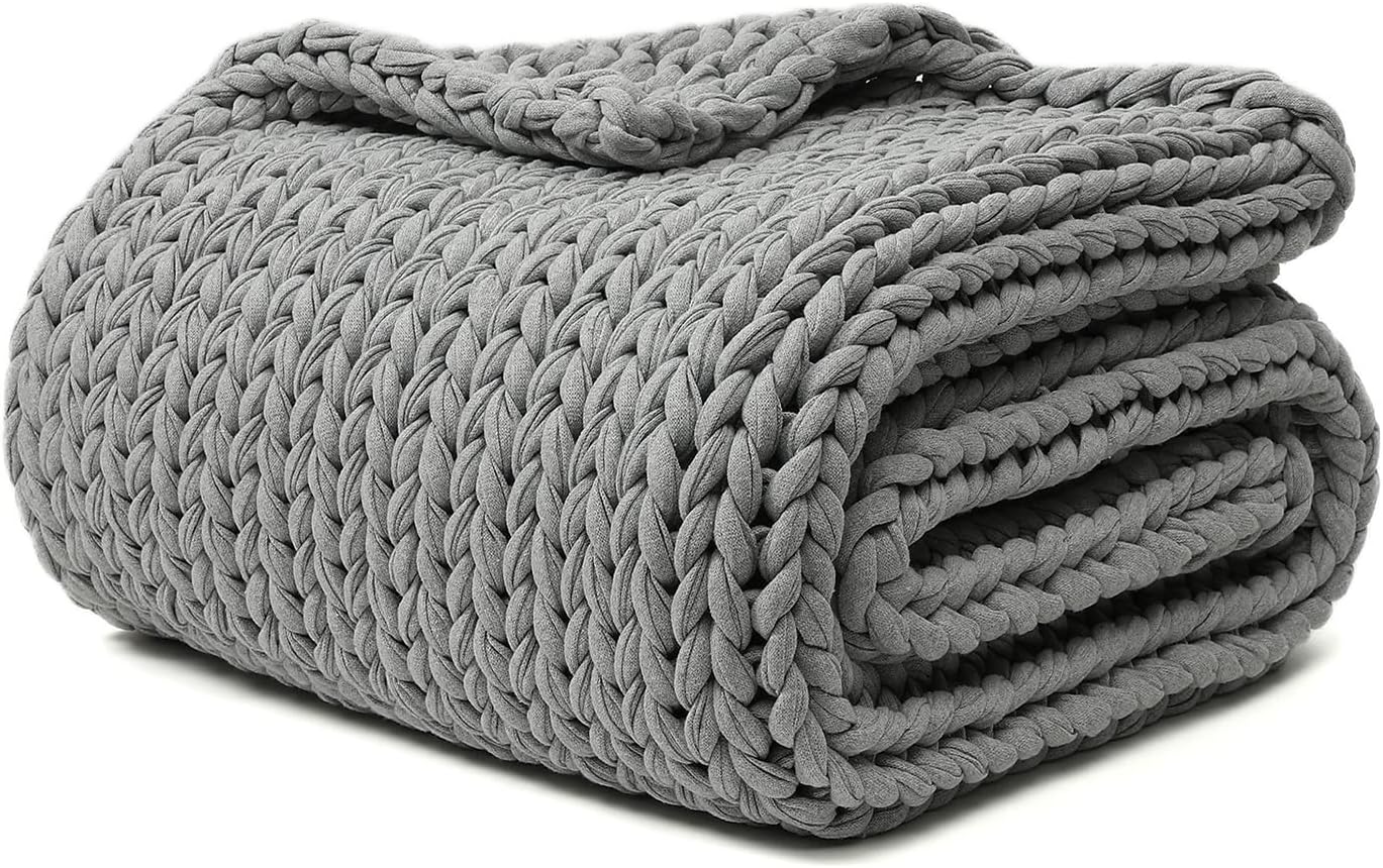 YnM 100% Cotton Weighted Blanket, Handmade Chunky Knitted Throw, No fillers Design, Soft and Breathable, Machine Washable Bed Blanket for Sleep or Home Decor (Lighte Grey, 80x84 Inch, 35lbs)