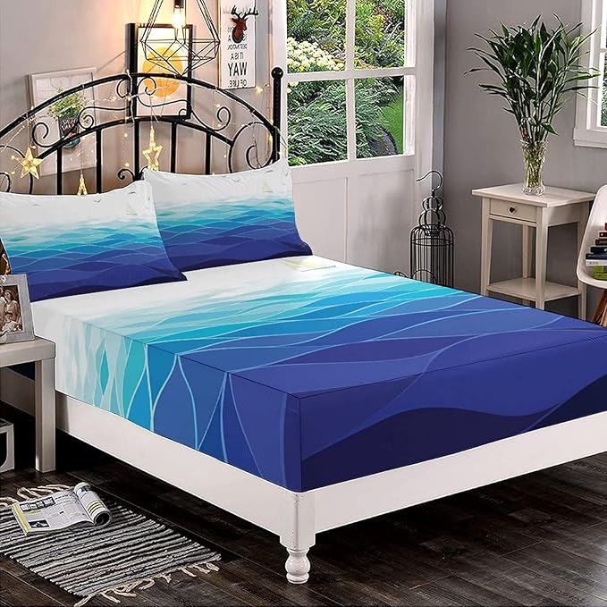 Decorative Bedding Sheet Set Full Size, Aqua Deep Pockets Fitted Sheet & 2 Pillowcases Set(No Flat Sheet), Graphic Ocean Waves Sailboat Birds Seagulls Seascape Print Microfiber 3pc Bed Sheets Set